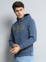 Men Blue Printed Hooded Full Sleeve Sweatshirt