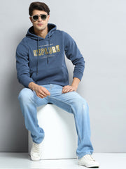 Men Blue Printed Hooded Full Sleeve Sweatshirt