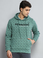 Men Green Printed Hooded Full Sleeve Sweatshirt