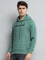 Men Green Printed Hooded Full Sleeve Sweatshirt