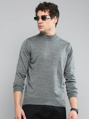 Men Grey Solid Turtle Neck Full Sleeve Pullover