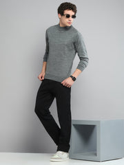 Men Grey Solid Turtle Neck Full Sleeve Pullover