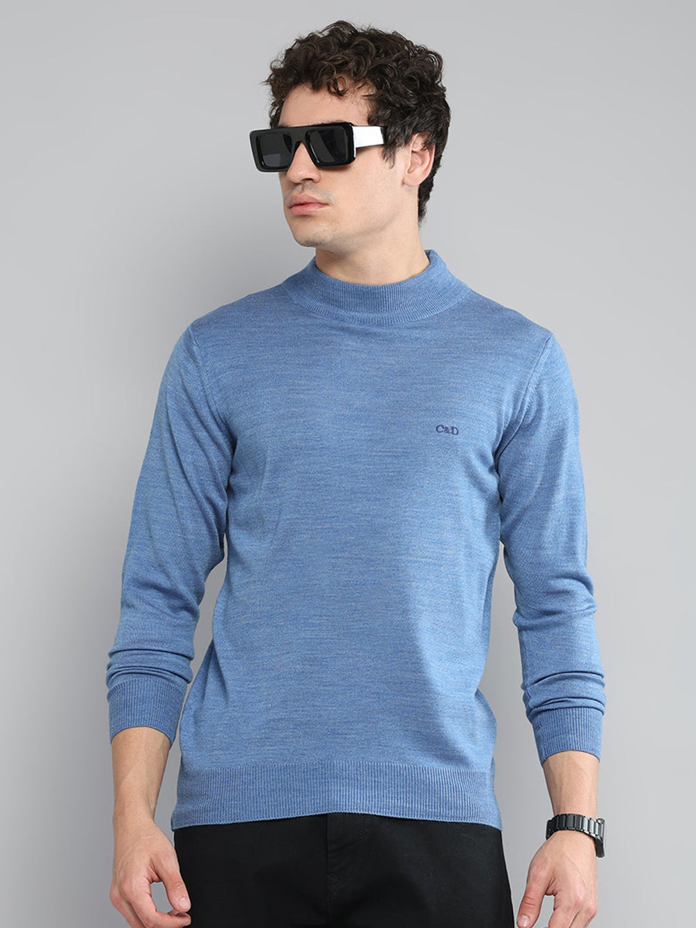 Men Blue Solid Turtle Neck Full Sleeve Pullover - Goyalsons ShopMax