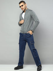 Men Grey Solid Collar Full Sleeve Pullover