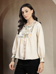 Gipsy Beige Tunic With Metal Engraved Buttons, Cuff And Yoke Embroidery