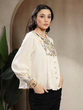 Gipsy Beige Tunic With Metal Engraved Buttons, Cuff And Yoke Embroidery