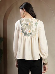 Gipsy Beige Tunic With Metal Engraved Buttons, Cuff And Yoke Embroidery