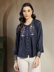 Gipsy Navy Tunic With Metal Engraved Buttons, Cuff And Yoke Embroidery