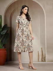 Gipsy Khaki Botanical Print Rayon A-Line Dress With Circular Hemline