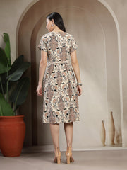 Gipsy Khaki Botanical Print Rayon A-Line Dress With Circular Hemline