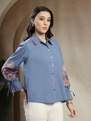 Gipsy Blue Cotton Shirt With Colourful Embroidered Sleeves