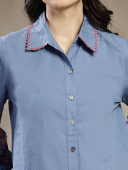 Gipsy Blue Cotton Shirt With Colourful Embroidered Sleeves