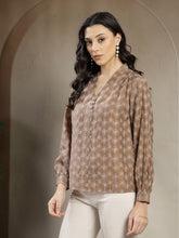 Gipsy Beige A-Line Top With Embroidered Long Flounce Sleeves And Smart Button Detailing