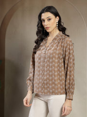 Gipsy Beige A-Line Top With Embroidered Long Flounce Sleeves And Smart Button Detailing