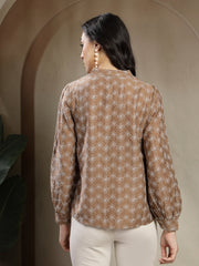 Gipsy Beige A-Line Top With Embroidered Long Flounce Sleeves And Smart Button Detailing