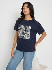 Madame Graphic And Typography Print Navy Blue Cotton T-Shirt