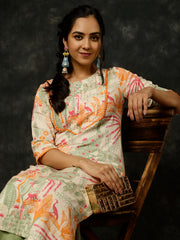 Green Kantha Work Printed Straight Kurta With Palazzo