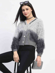 Madame Embellished Ombre V Neck Grey Sweater
