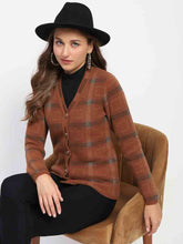 Madame Striped Brown V-Neck Buttoned Cardigan