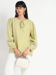 Madame Tie Neck Green Rayon Blend Top