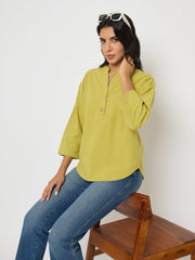 Madame Button Detail Solid Green Cotton Top