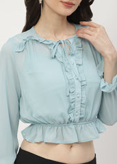 Madame Poet Sleeve Mint Blue Ruffle Top