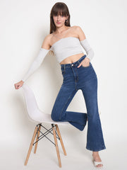 Madame Stone Wash Dark Blue Whiskered Flared Denim Jeans