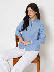 Madame Textured Embroidered Accents Blue Shirt