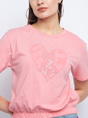 Madame Elasticated Hem Pink Embellished Top