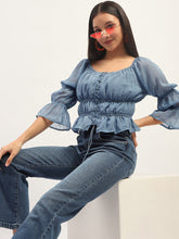 Madame Ruched Detailing Blue Peplum Top