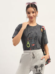 Madame Printed Charcoal Cotton T-Shirt