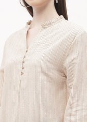 Madame Ruffle Mandarin Collar Beige Striped Top