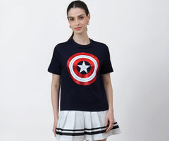 Free Authority Official Marvel Comic Captain America Women Half Sleeve Round Neck Graphic Printed Cotton Regular Fit Tshirt