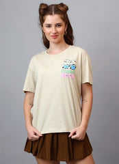 Free Authority Official Minions: Spread Happines Graphic Printed Pure Cotton Beige Oversized Tshirt for Women