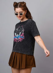 Free Authority Official Dc Comic Wonder Woman Graphic Printed Pure Cotton Black Regular Fit Tshirt for Women