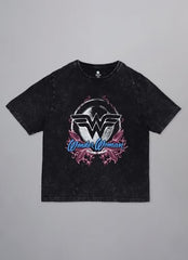 Free Authority Official Dc Comic Wonder Woman Graphic Printed Pure Cotton Black Regular Fit Tshirt for Women