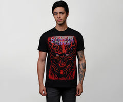 Free Authority Official Stranger Things Graphic Printed Half Sleeves Round Neck Regular Fit Pure Breathable Cotton Fabric Tshirt for Men Black