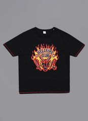Free Authority Official Stranger Things: Hellfire Club Graphic Printed Half Sleeves Round Neck Oversized Fit Pure Breathable Cotton Fabric Black Tshirt for Women