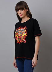 Free Authority Official Stranger Things: Hellfire Club Graphic Printed Half Sleeves Round Neck Oversized Fit Pure Breathable Cotton Fabric Black Tshirt for Women