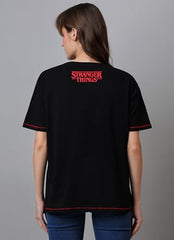 Free Authority Official Stranger Things: Hellfire Club Graphic Printed Half Sleeves Round Neck Oversized Fit Pure Breathable Cotton Fabric Black Tshirt for Women