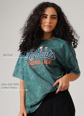 Free Authority Official Peanuts Grounds Crew Graphic Printed Womens Oversized T-Shirt | Pure Cotton Casual Round Neck Half Sleeves Cartoon Tee