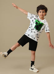 Kidsville Official Minecraft Merchandise Creeper Reversible Sequins Printed Boys Regular Fit T-Shirt | Pure Cotton Casual Round Neck Half Sleeves Kids Wear Tee Optic White
