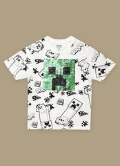Kidsville Official Minecraft Merchandise Creeper Reversible Sequins Printed Boys Regular Fit T-Shirt | Pure Cotton Casual Round Neck Half Sleeves Kids Wear Tee Optic White