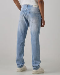 Mufti men's straight fit light blue denim jeans with mid-rise waist, durable cotton-polyester blend and stretch for comfort.