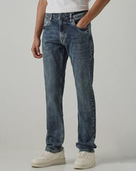 MUFTI Men Straight-Leg Jeans | Mid Rise Medium Wash Denim with Classic Five-Pocket Style & Light Distress | Durable Cotton Blend for Casual & Smart Casual Wear| Medium Indigo Blue 36