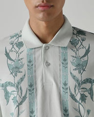 Mufti men's slim fit sage green polo shirt with white stripes, short sleeves, polo collar, chest pocket, 100% cotton, jacquard weave.