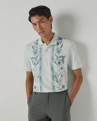 Mufti men's slim fit polo t-shirt in muted sage green with white stripes, jacquard weave, polo collar, chest pocket, short sleeves.