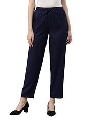 GO COLORS Womens' Solid Navy Mid Rise Woven Viscose Relaxed Fit Casual Pants