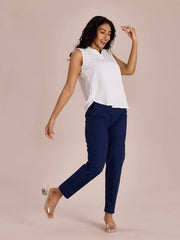 GO COLORS Women Solid Tapered Fit Chino Pants, Mid Rise, Navy_8905344123663_Dark Blue_2XL