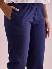 GO COLORS Women Solid Navy Cotton Pencil Pant